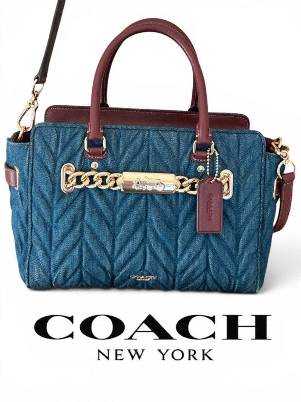COACH Blake 25 Quilted Denim w/Leather Trim Satchel/Crossbody Bag